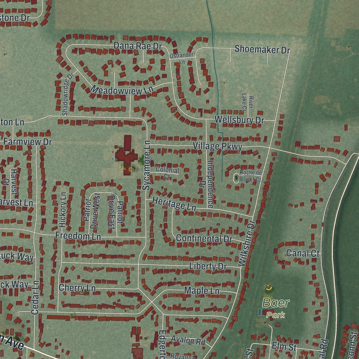 Close-up of the map of Waterville, Ohio print showing street and building detail