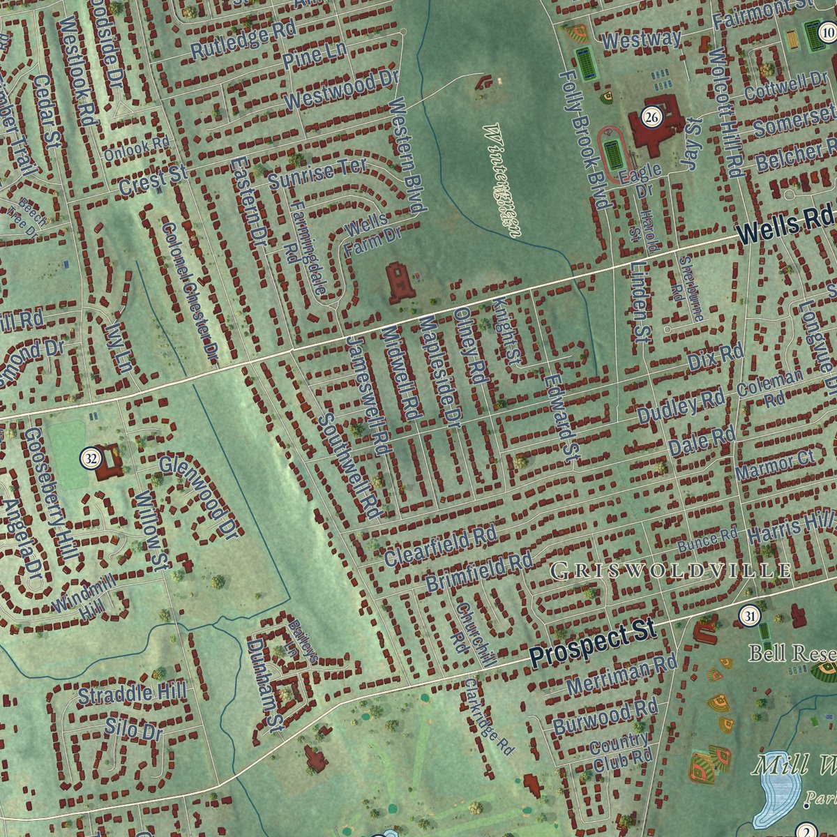 Close-up of the map of Wethersfield, Connecticut print showing street and building detail