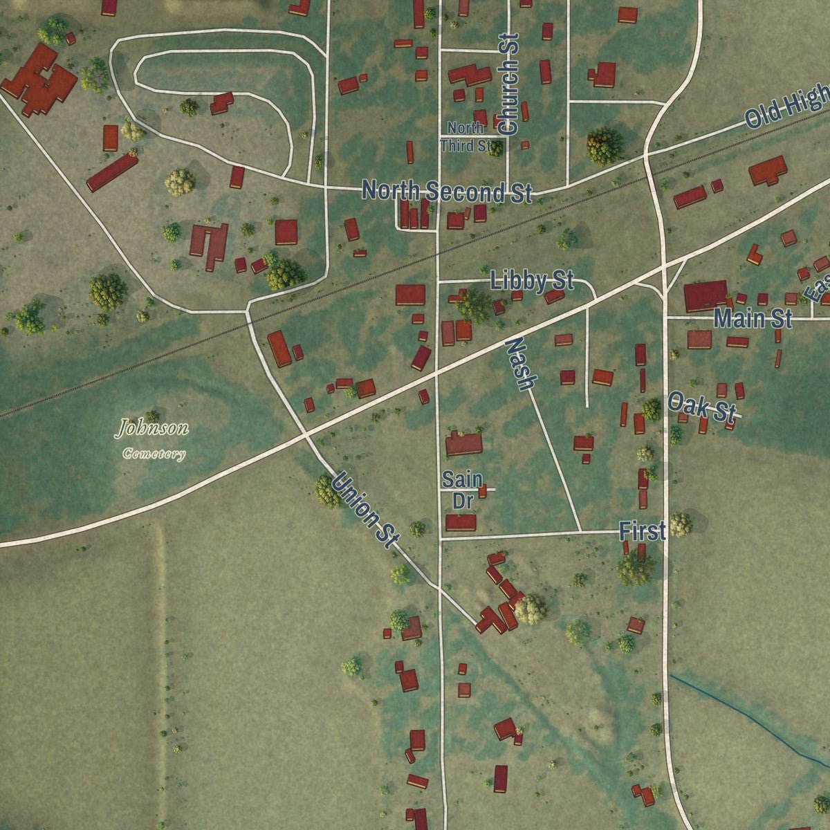 Close-up of the map of Wheatley, Arkansas print showing street and building detail