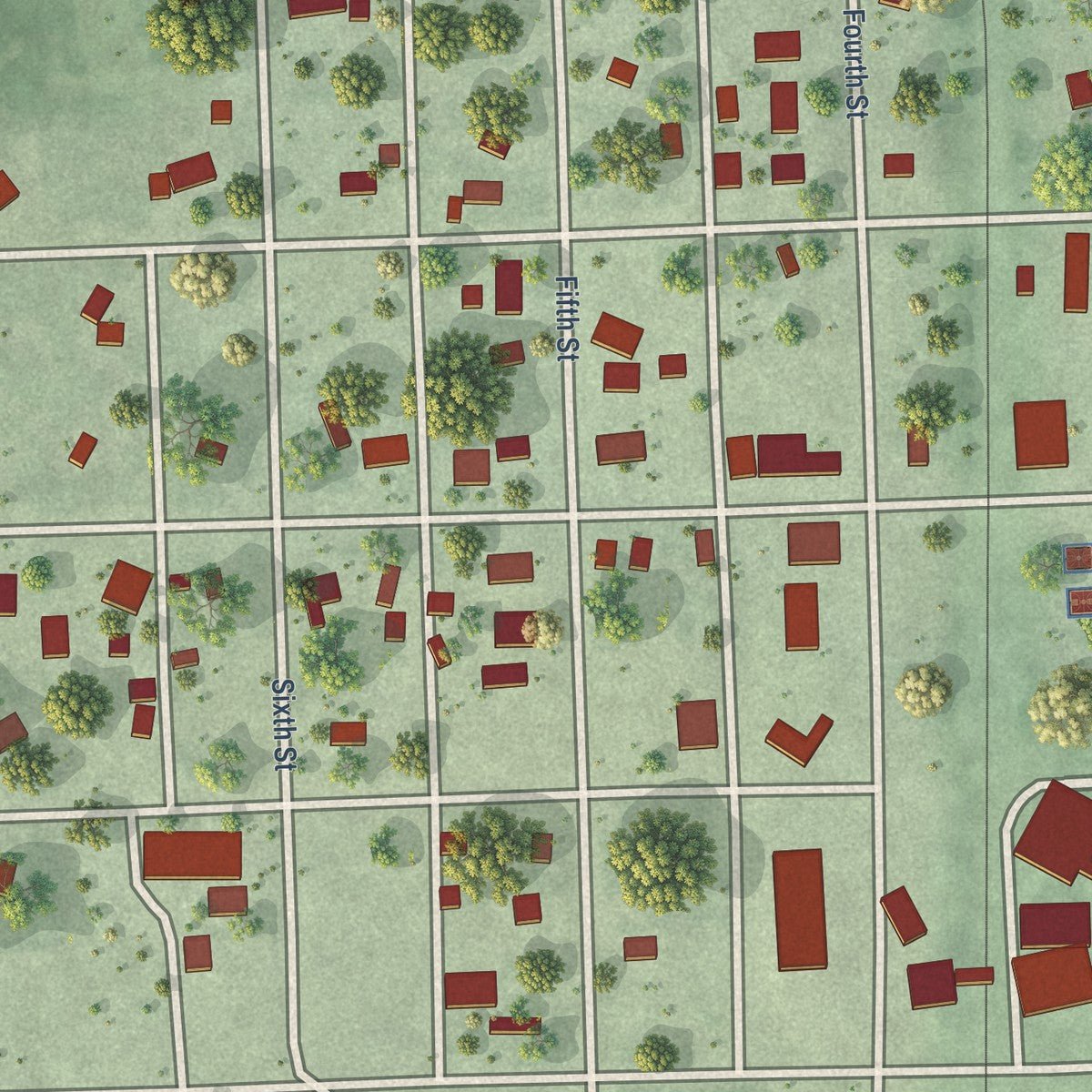 Close-up of the map of Ulysses, Nebraska print showing street and building detail