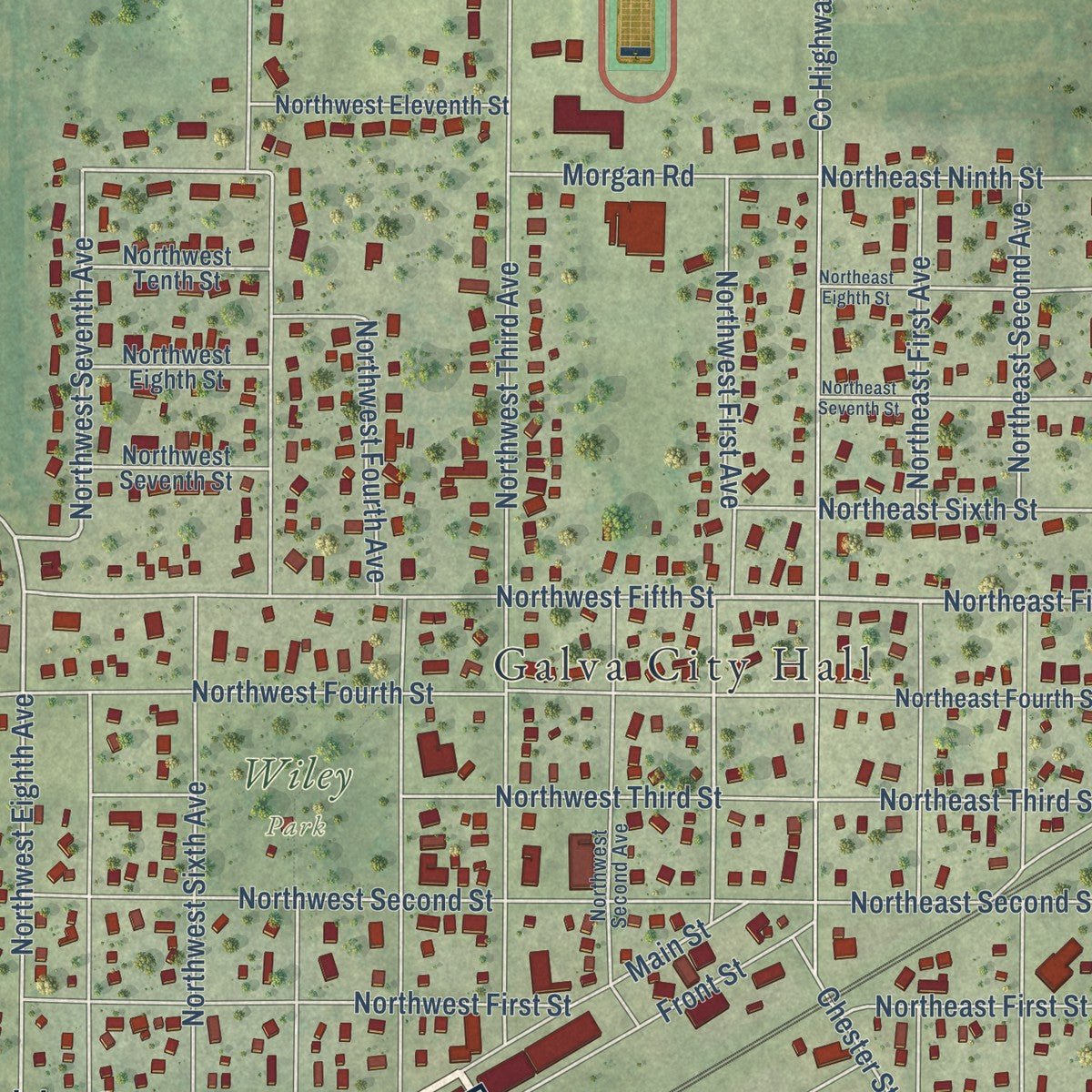 Close-up of the map of Galva, Illinois print showing street and building detail