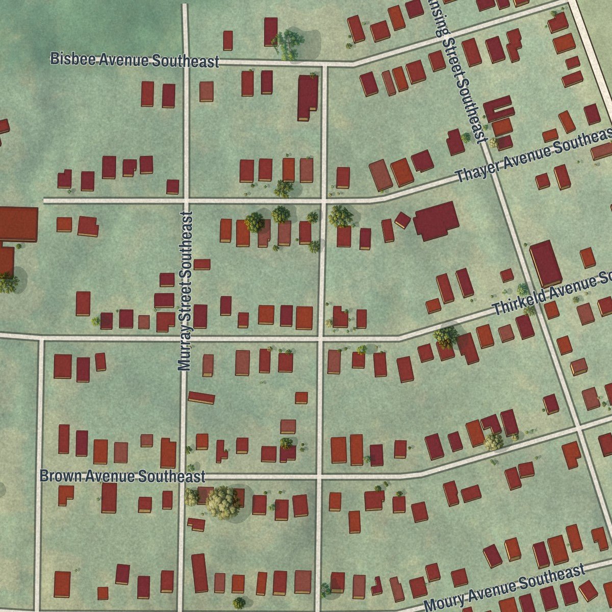 Close-up of the map of South Atlanta, Georgia print showing street and building detail