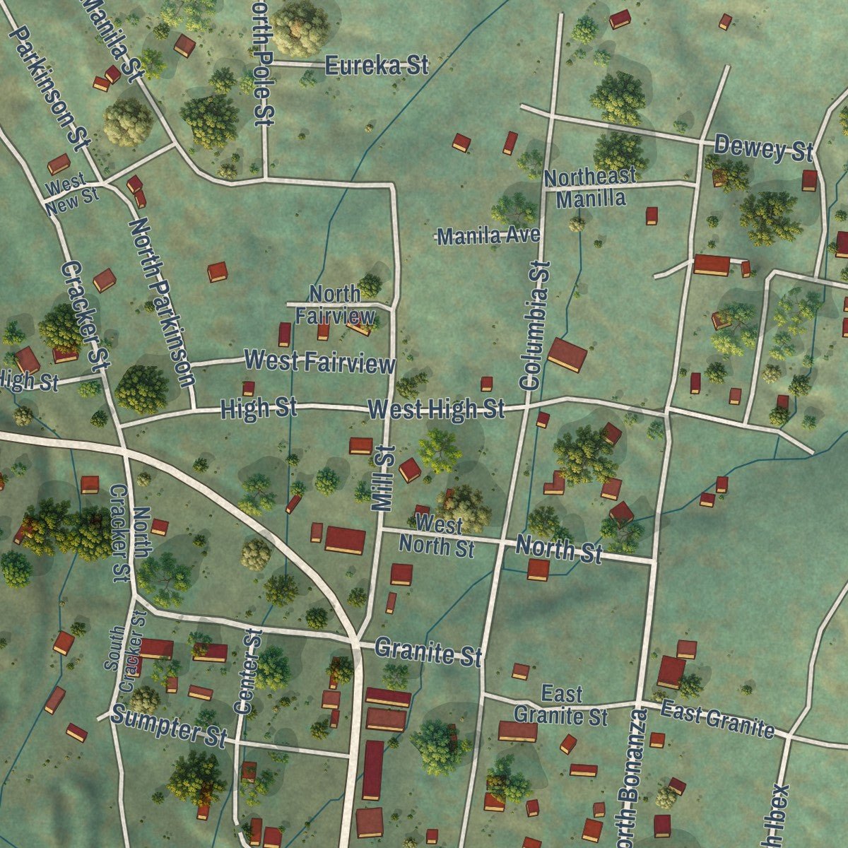 Close-up of the map of Sumpter, Oregon print showing street and building detail