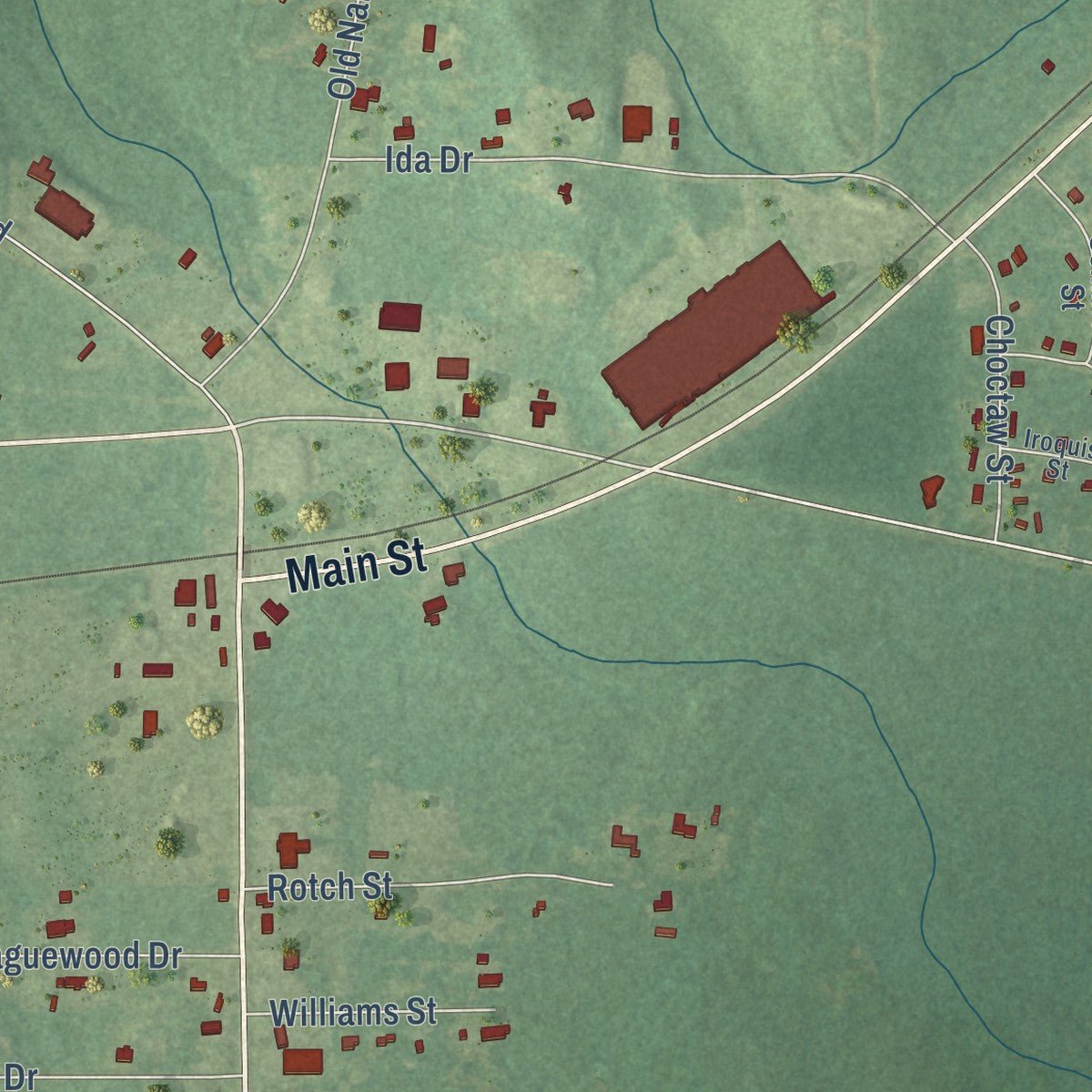 Close-up of the map of Pennington, Alabama print showing street and building detail