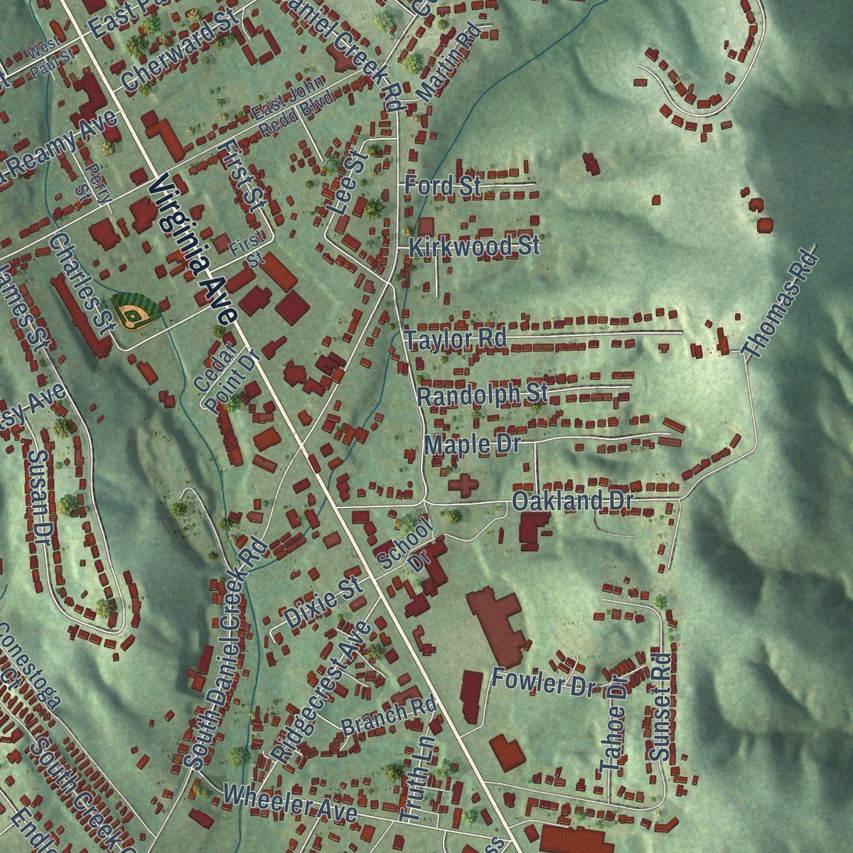 Close-up of the map of Collinsville, Virginia print showing street and building detail