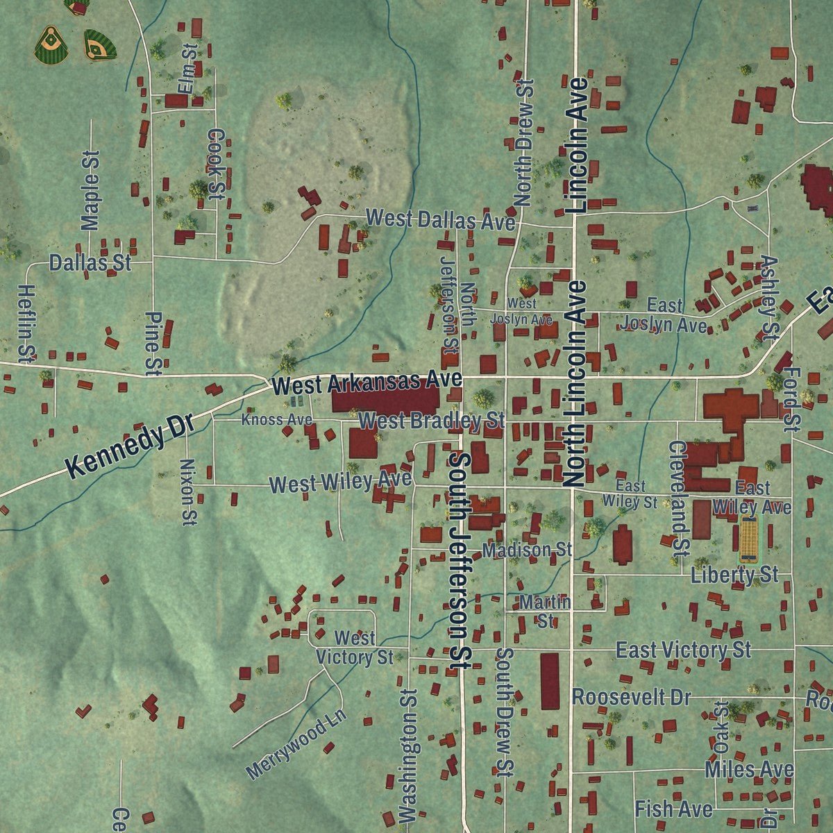 Close-up of the map of Star City, Arkansas print showing street and building detail