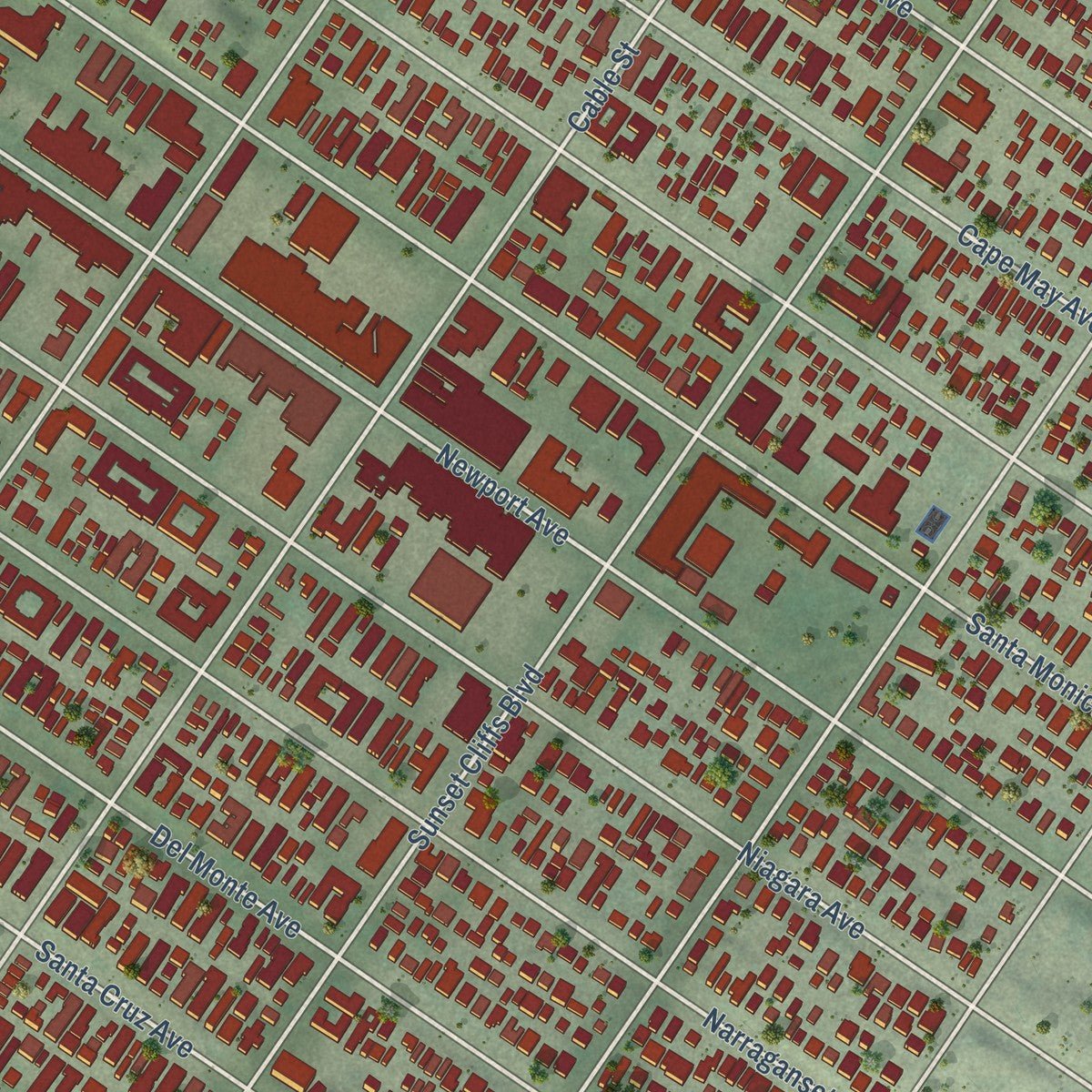 Close-up of the map of Ocean Beach, California print showing street and building detail