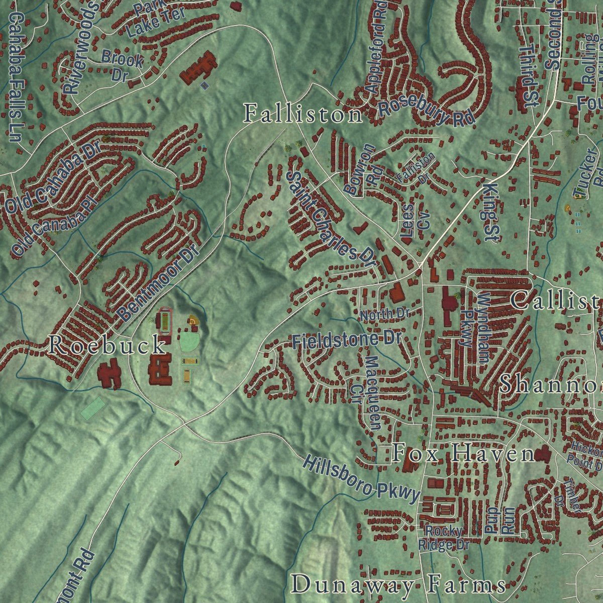 Close-up of the map of Helena, Alabama print showing street and building detail