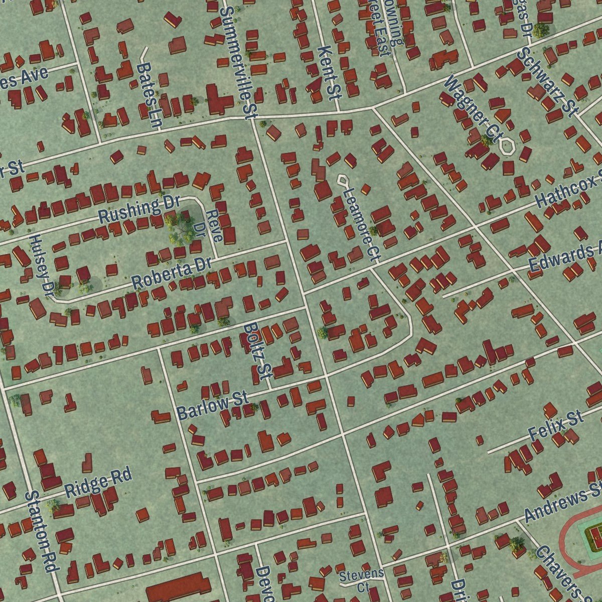 Close-up of the map of Toulminville, Alabama print showing street and building detail