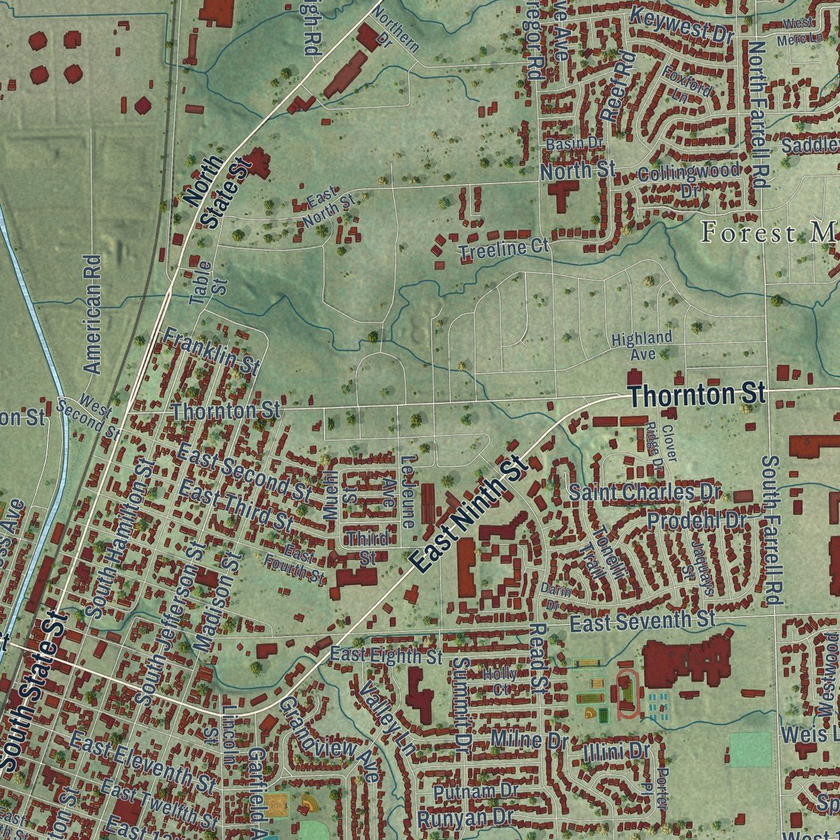 Close-up of the map of Lockport, Illinois print showing street and building detail