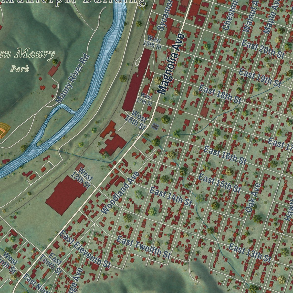 Close-up of the map of Buena Vista, Virginia print showing street and building detail