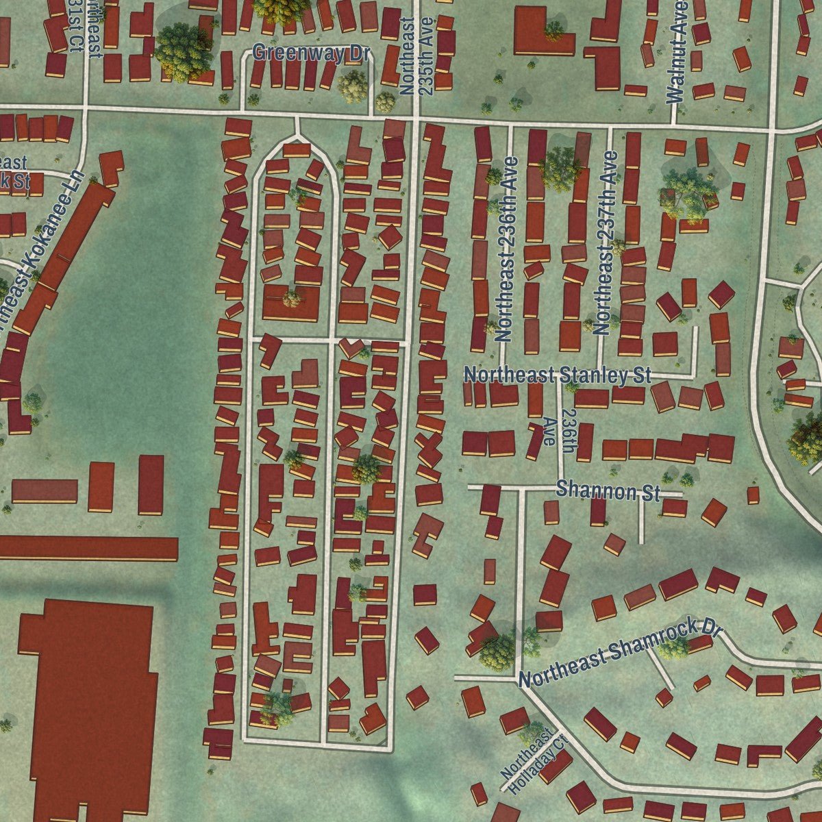 Close-up of the map of Wood Village, Oregon print showing street and building detail
