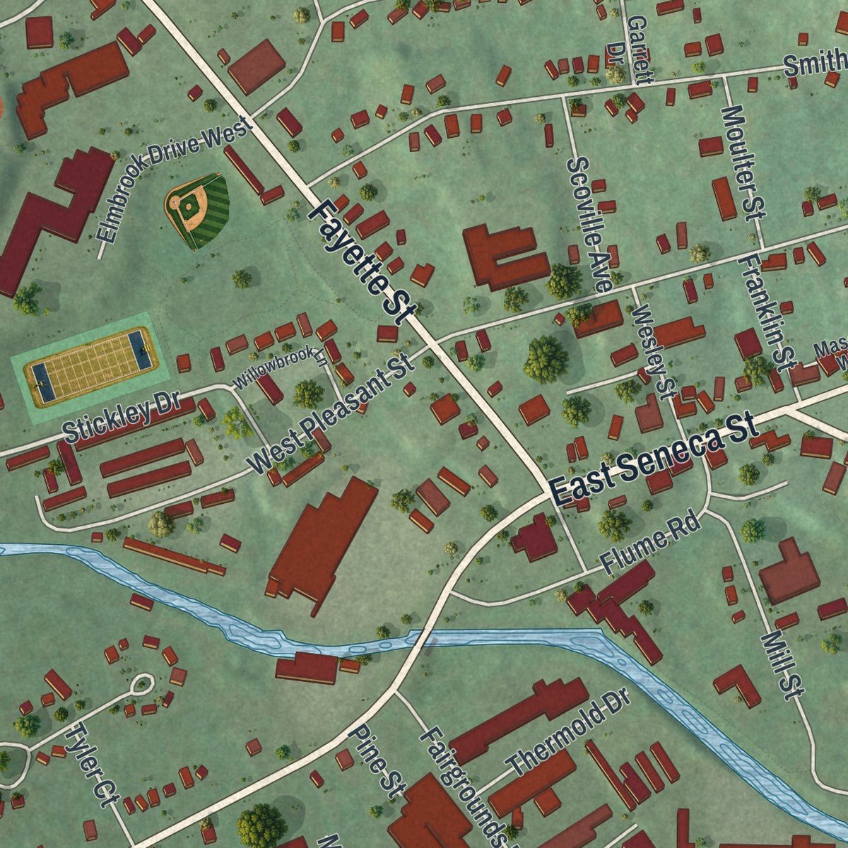 Close-up of the map of the Village of Manlius, New York print showing street and building detail
