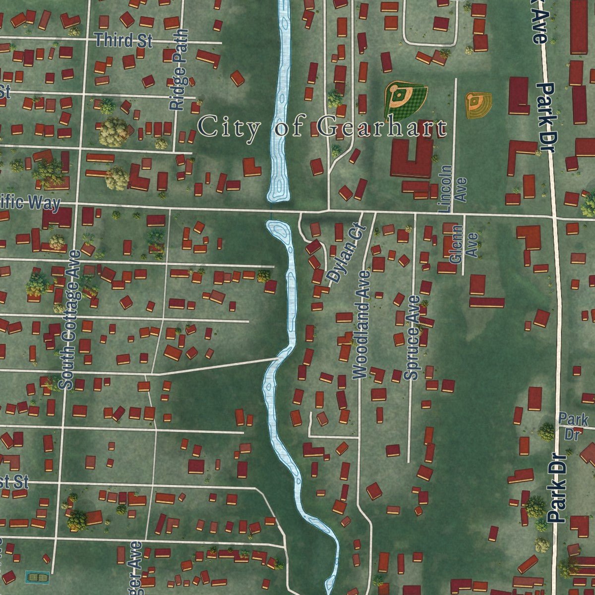 Close-up of the map of Gearhart, Oregon print showing street and building detail