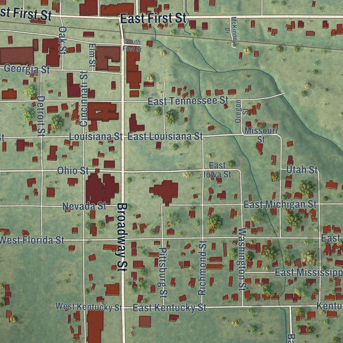 Close-up of the map of Delhi, Louisiana print showing street and building detail