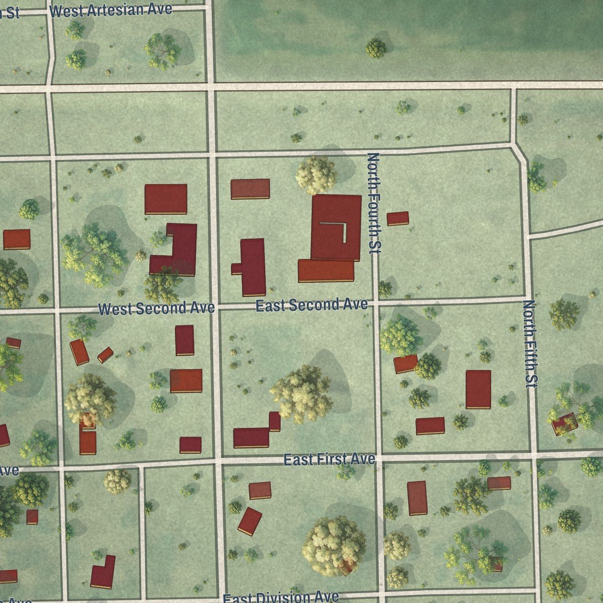 Close-up of the map of Artesian, South Dakota print showing street and building detail