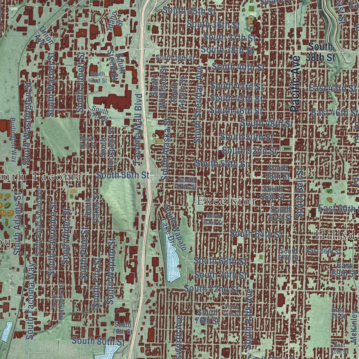 Close-up of the map of Tacoma, Washington print showing street and building detail