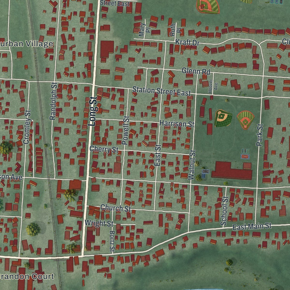 Close-up of the map of Ashville, Ohio print showing street and building detail