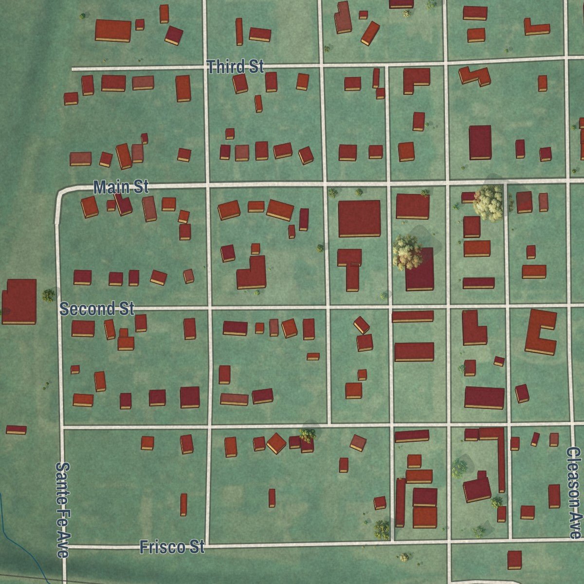 Close-up of the map of Davenport, Oklahoma print showing street and building detail