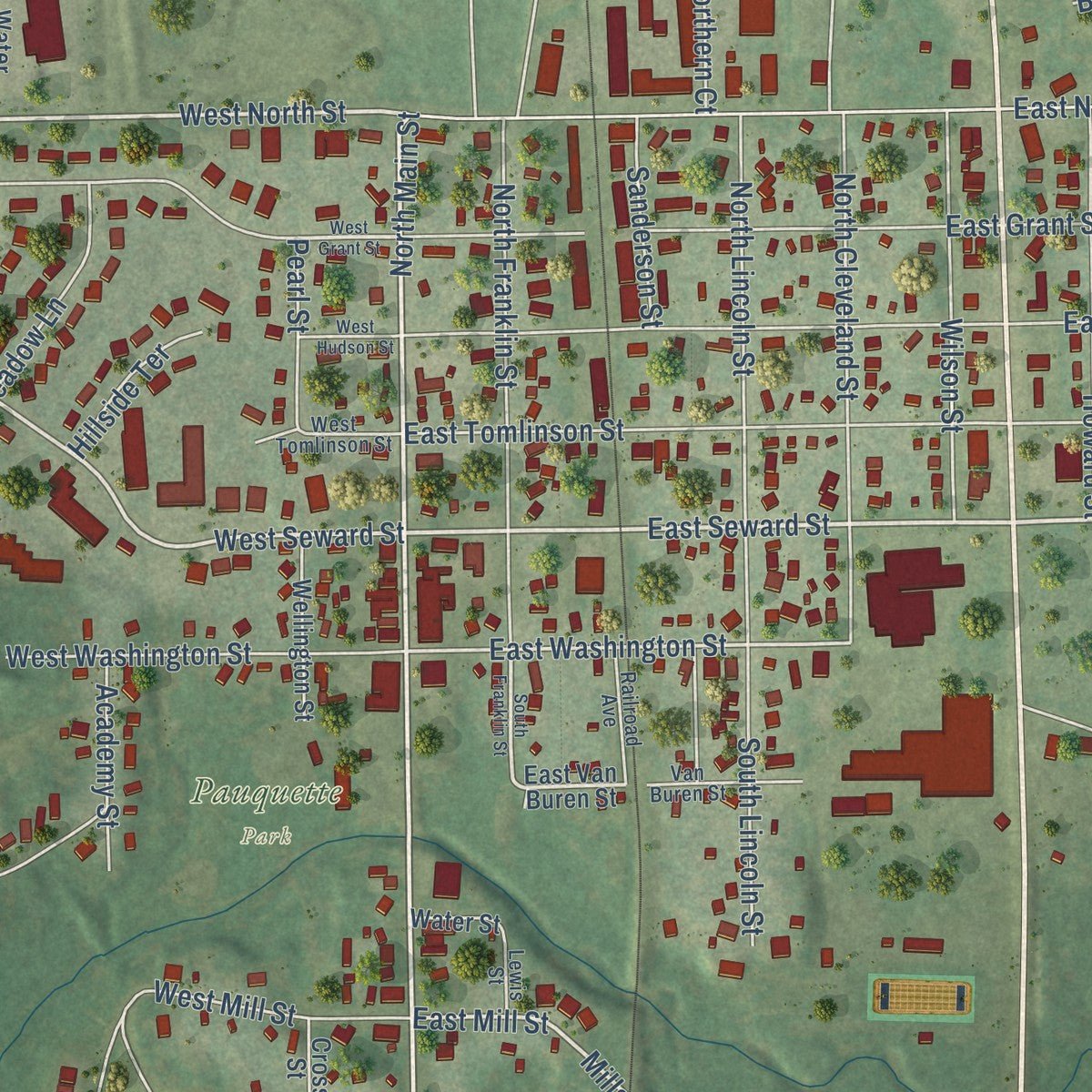 Close-up of the map of Poynette, Wisconsin print showing street and building detail