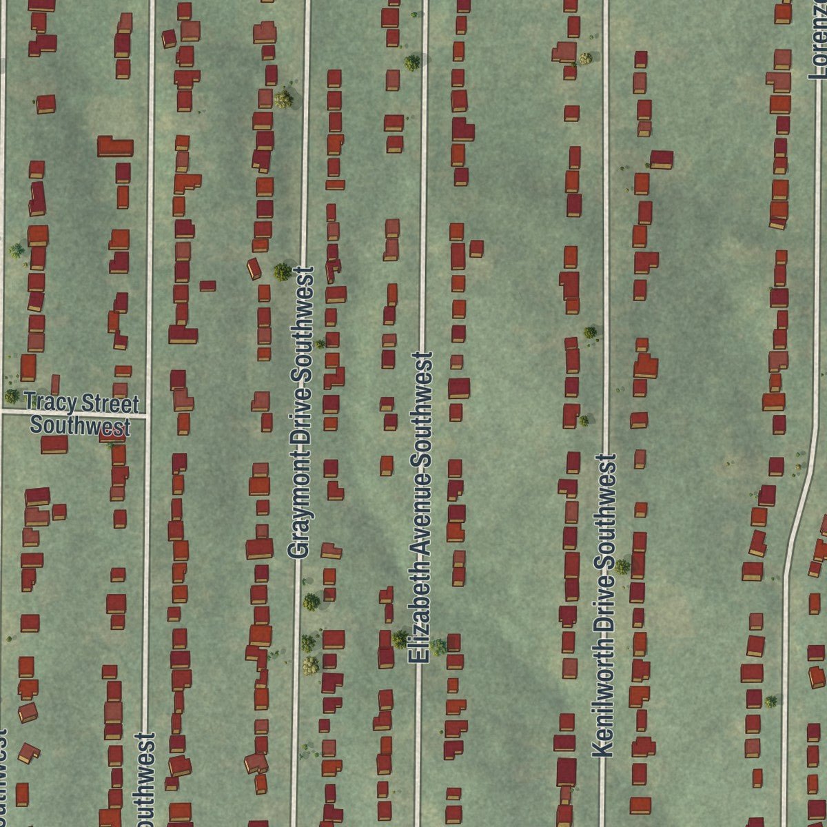 Close-up of the map of Venetian Hills, Georgia print showing street and building detail