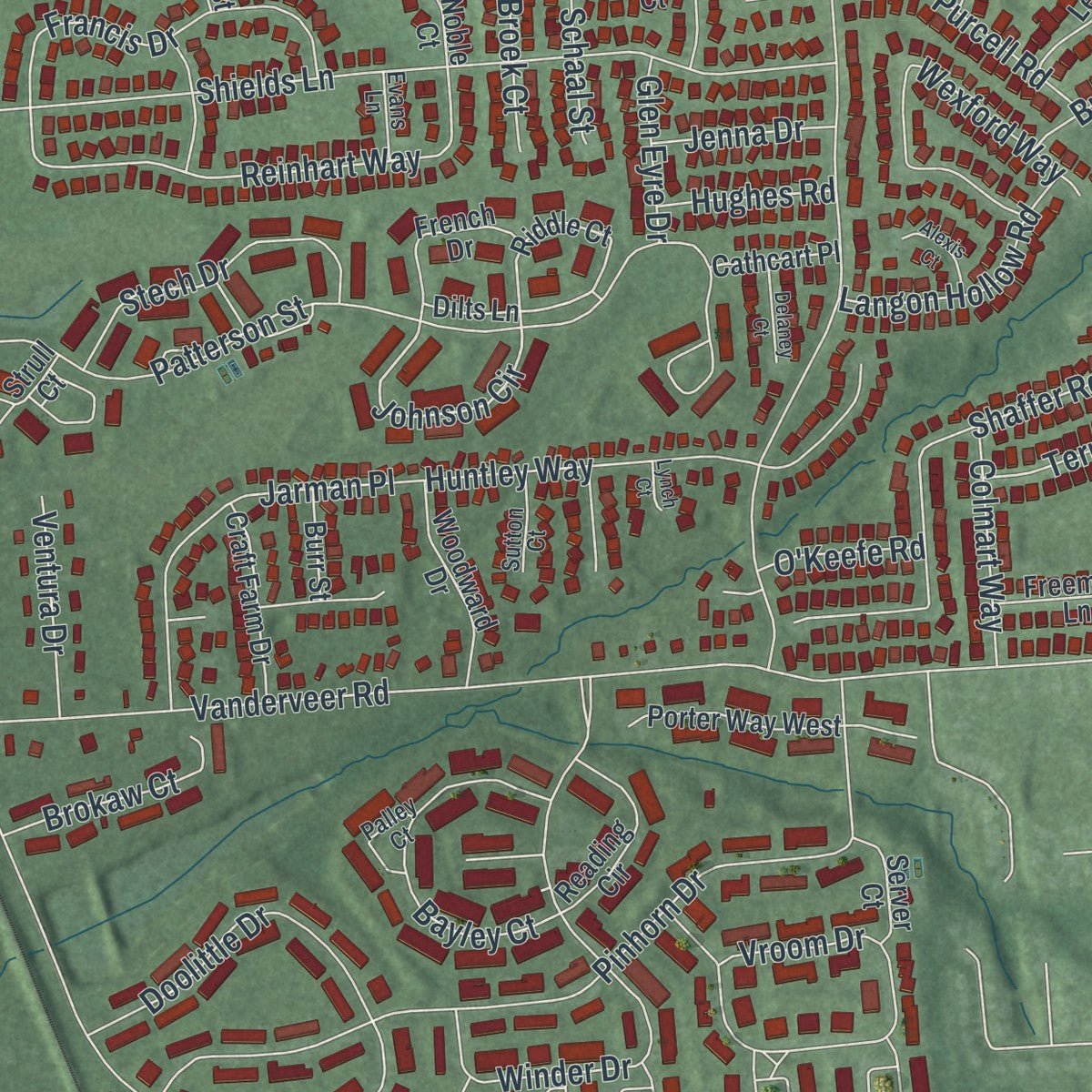 Close-up of the map of Bradley Gardens, New Jersey print showing street and building detail