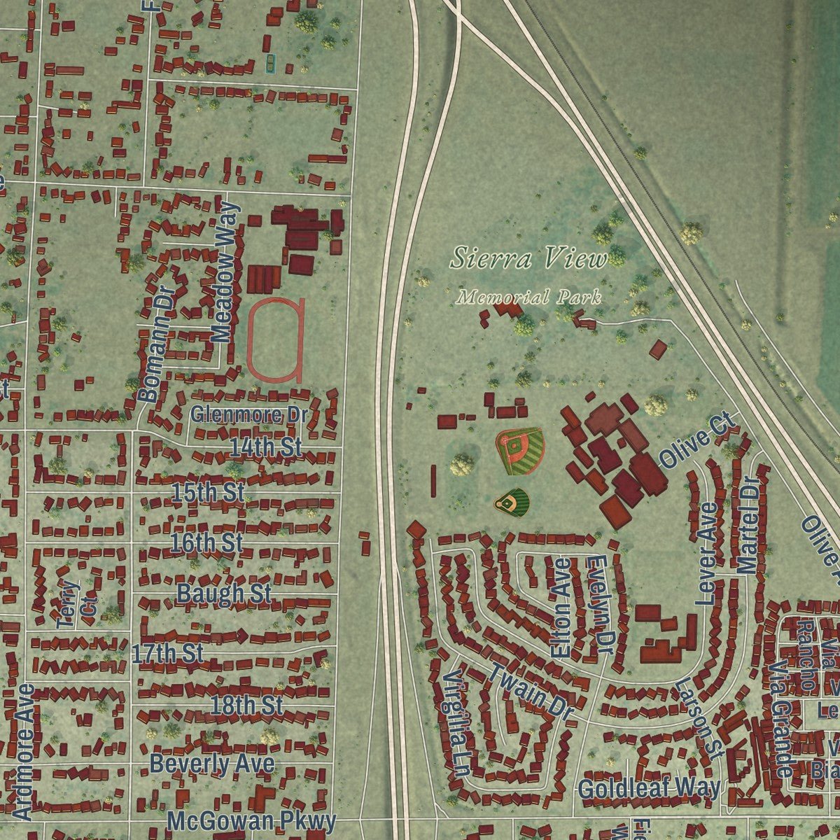 Close-up of the map of Olivehurst, California print showing street and building detail