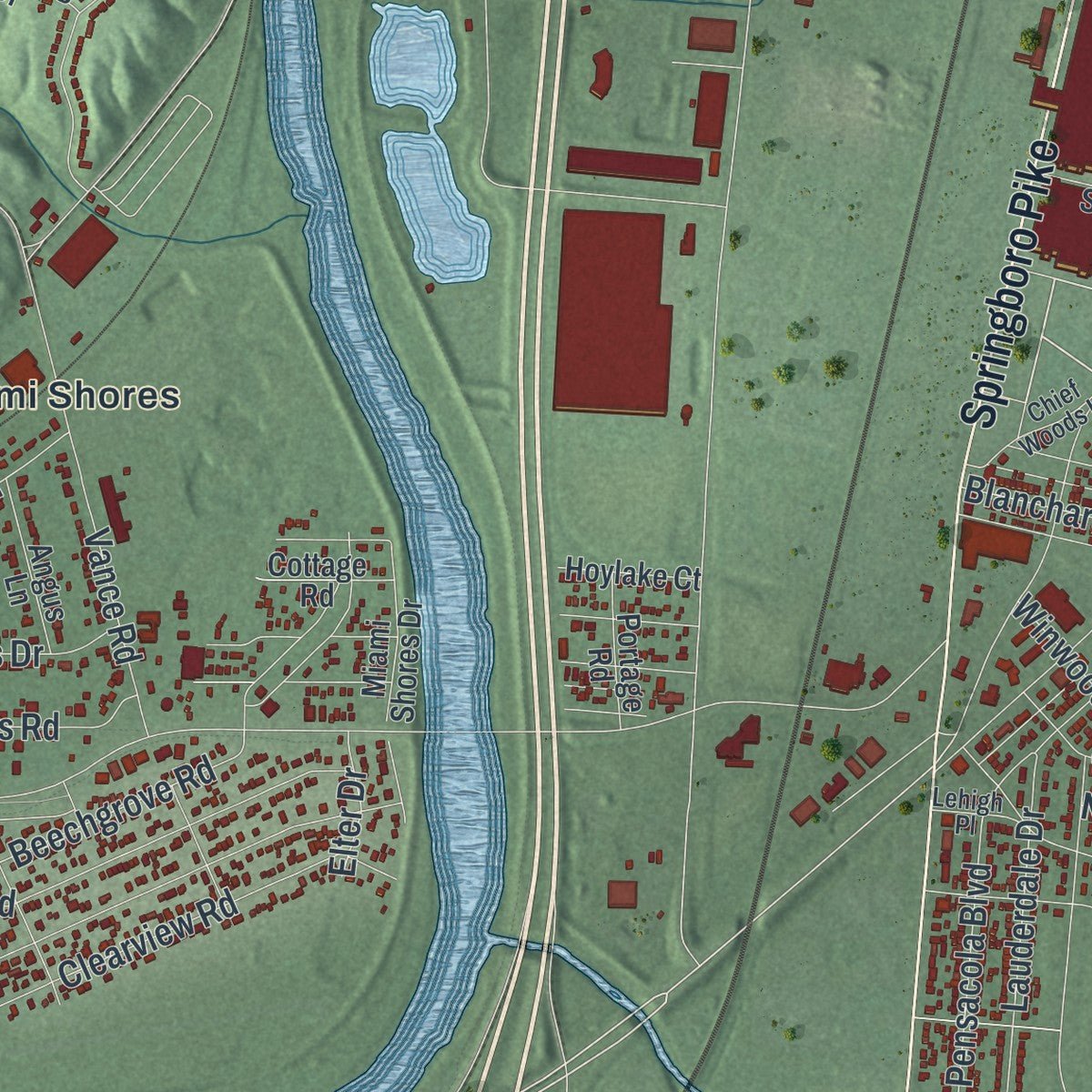 Close-up of the map of Moraine, Ohio print showing street and building detail