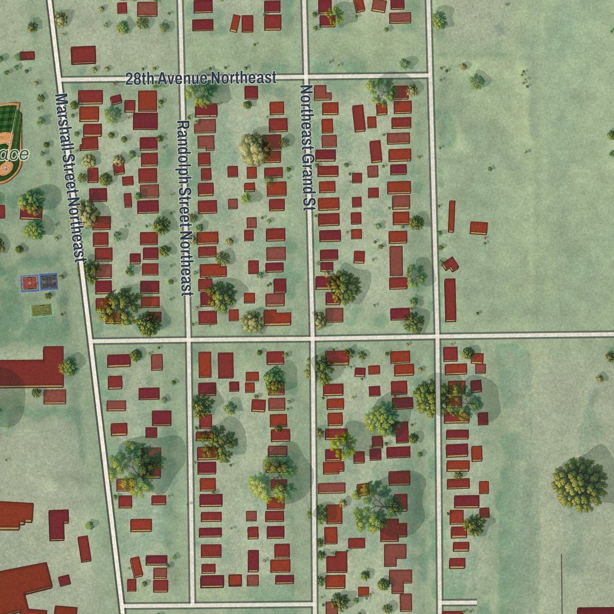 Close-up of the map of Marshall Terrace, Minnesota print showing street and building detail