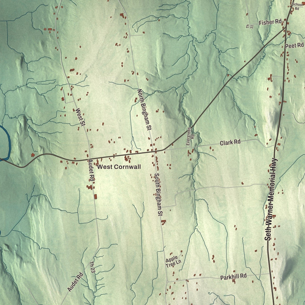 Close-up of the map of Cornwall, Vermont print showing streets and neighborhoods