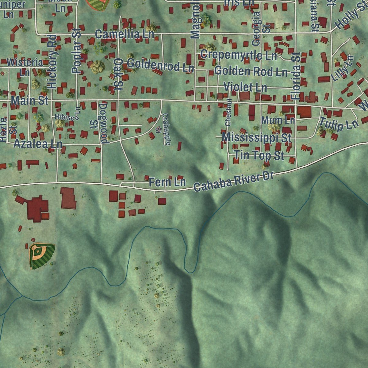 Close-up of the map of West Blocton, Alabama print showing street and building detail