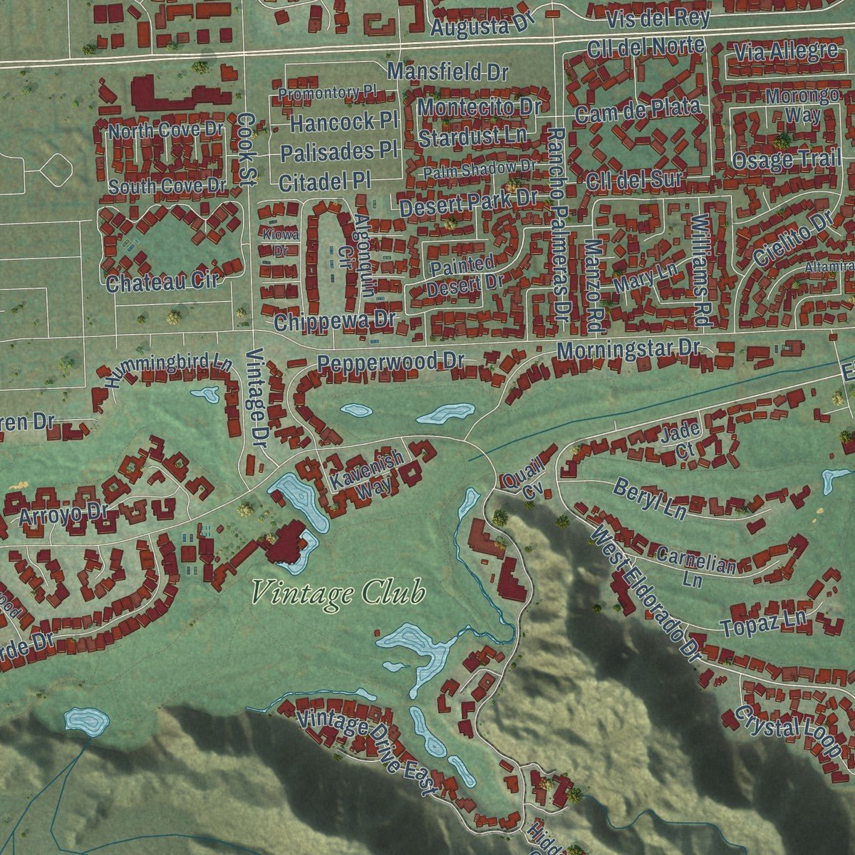 Close-up of the map of Indian Wells, California print showing street and building detail