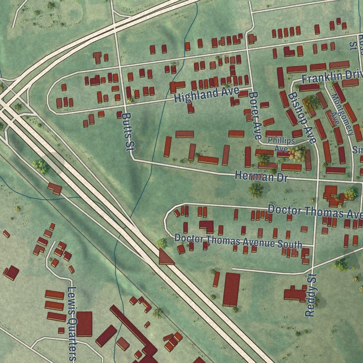 Close-up of the map of Africatown, Alabama print showing street and building detail