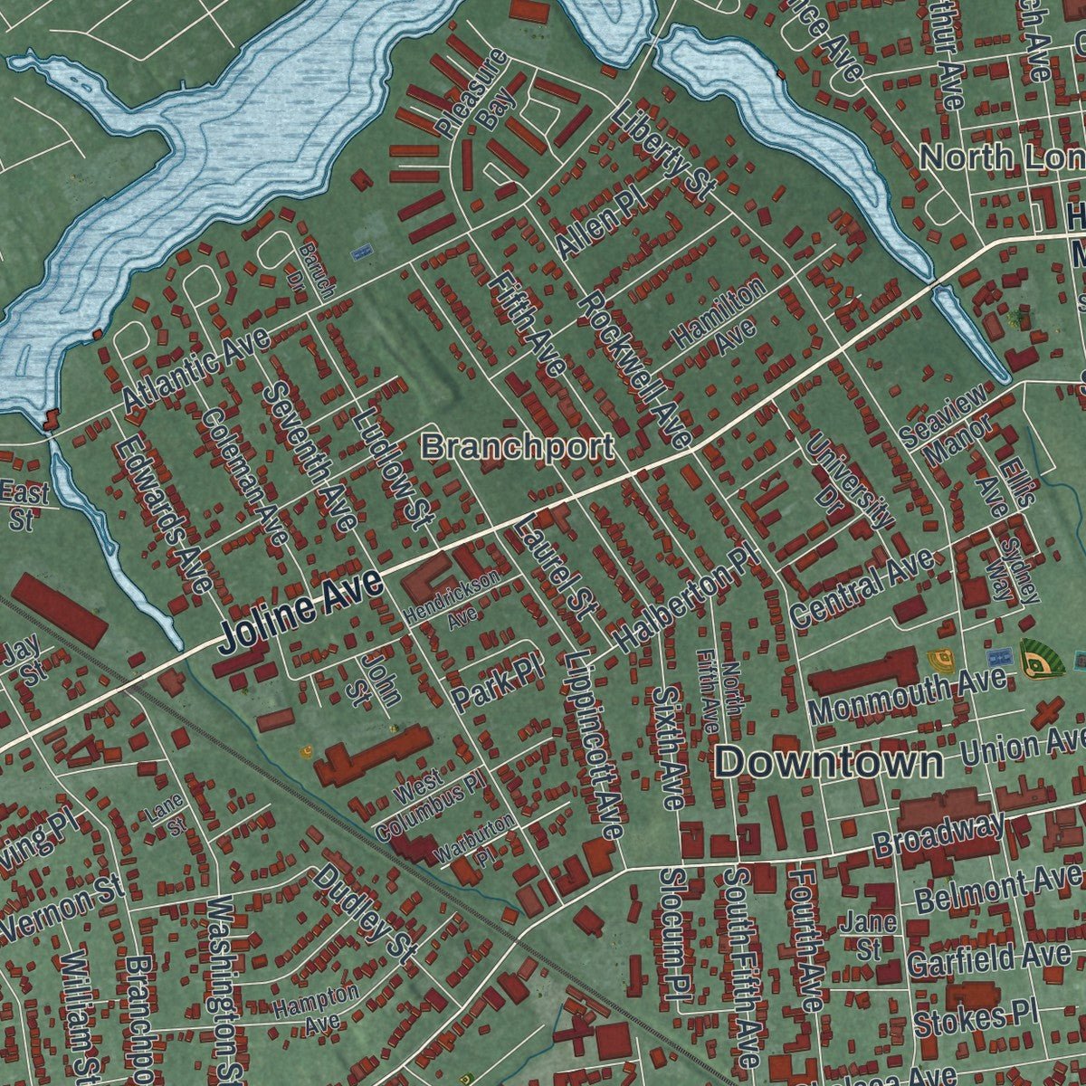 Close-up of the map of Long Branch, New Jersey print showing street and building detail