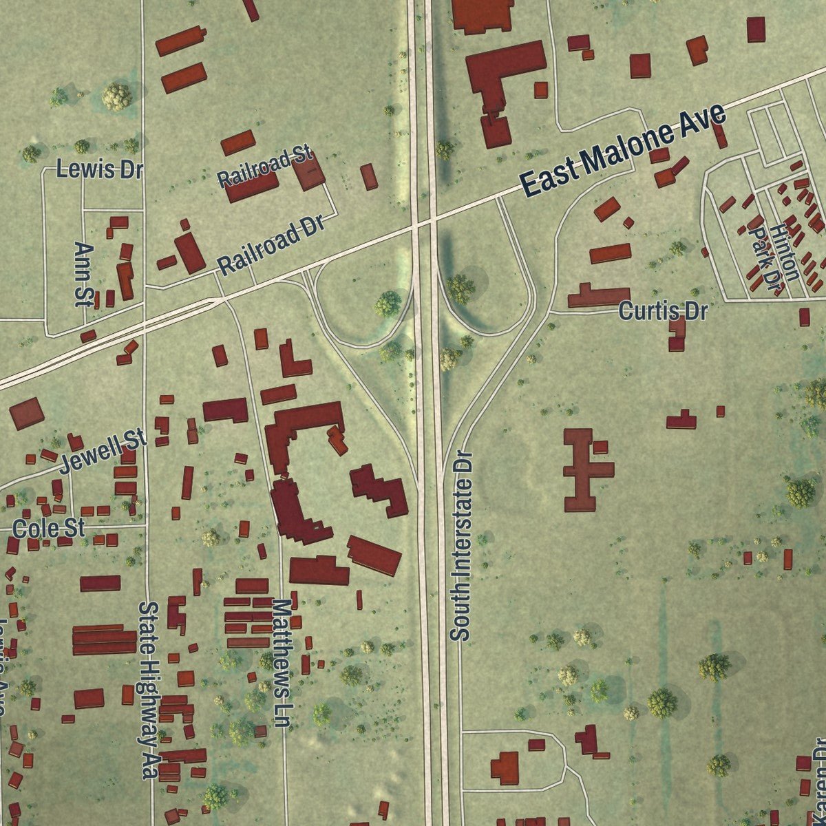 Close-up of the map of Miner, Missouri print showing street and building detail