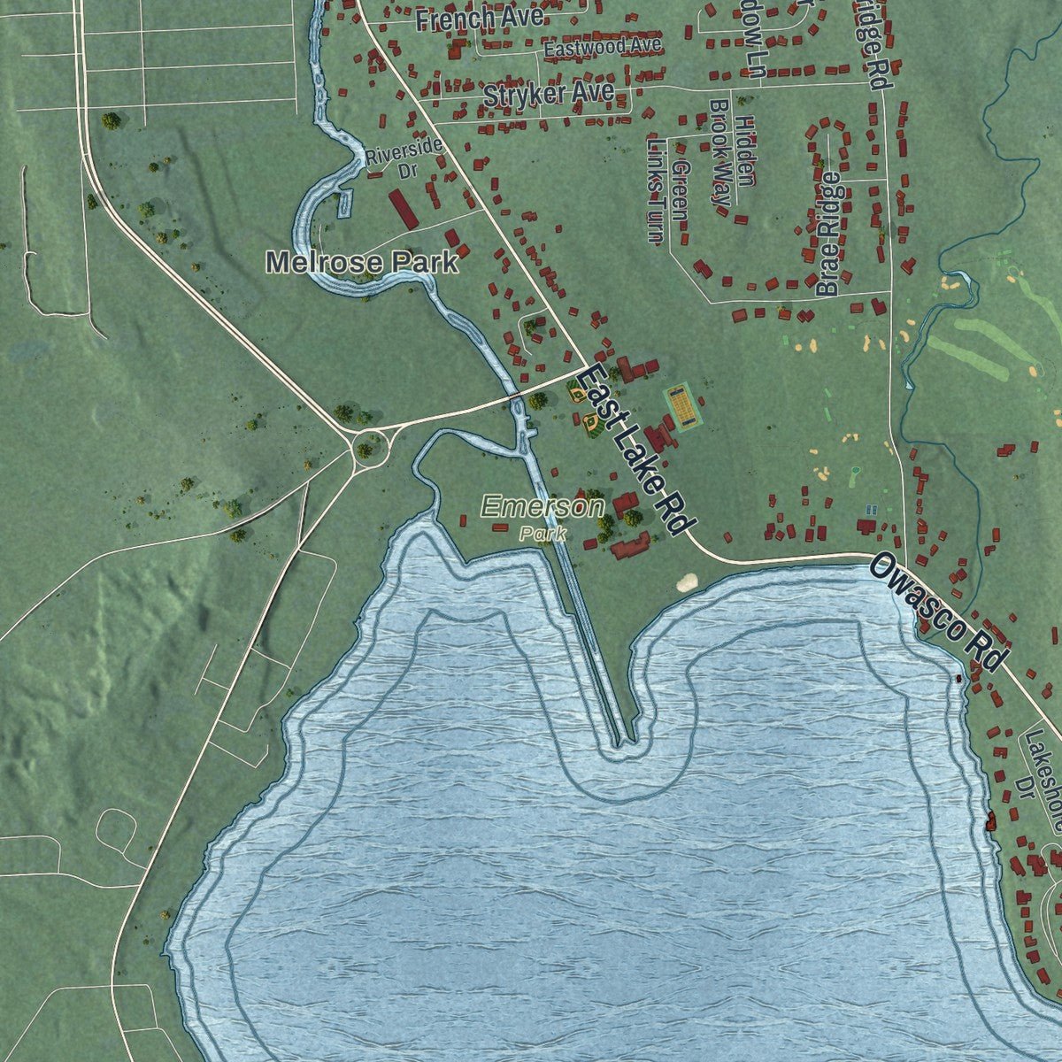 Close-up of the map of Owasco, New York print showing street and building detail
