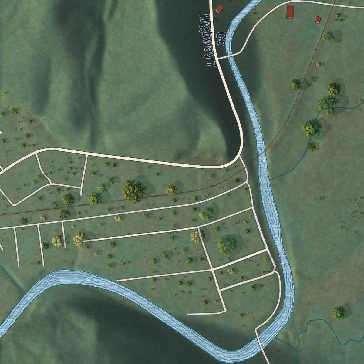 Close-up of the map of Oceana, West Virginia print showing street and building detail