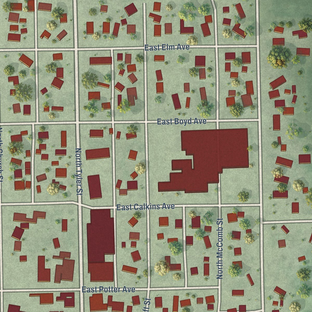 Close-up of the map of Elm Creek, Nebraska print showing street and building detail