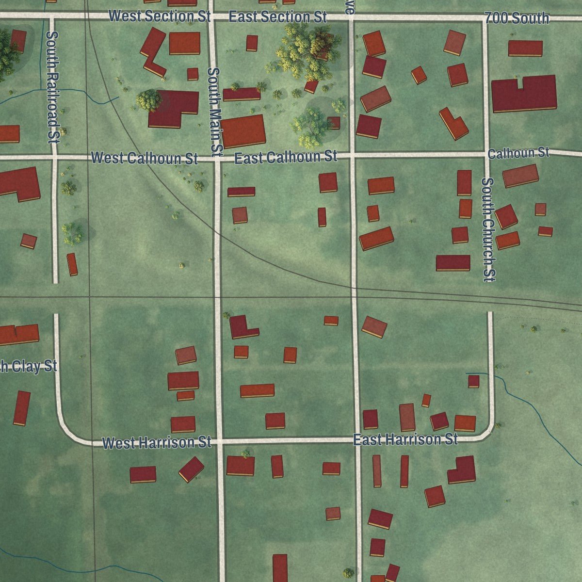 Close-up of the map of Claypool, Indiana print showing street and building detail