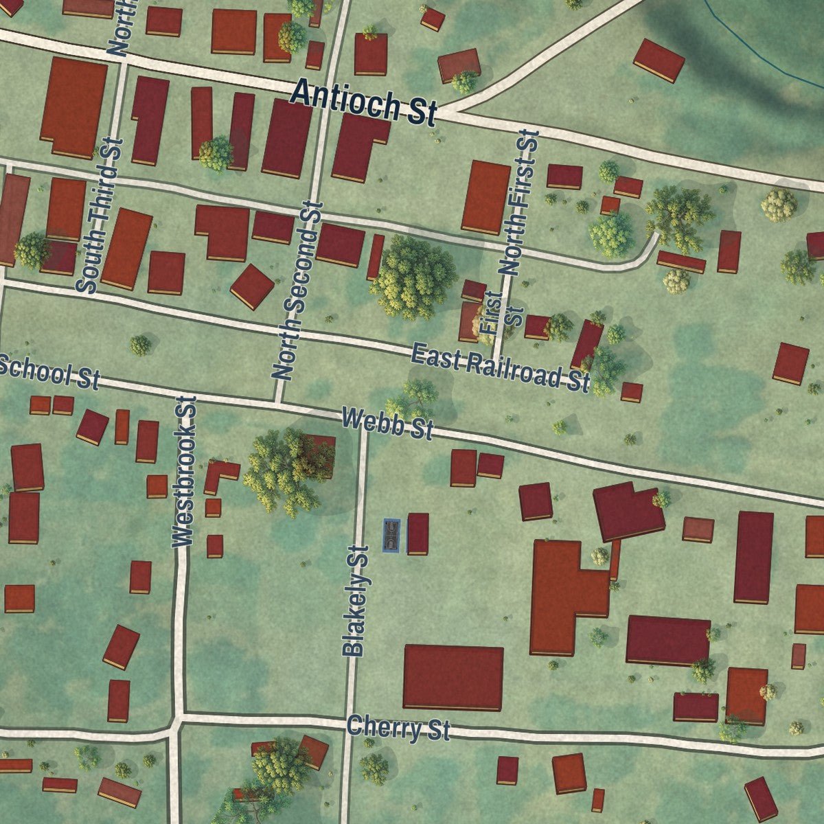 Close-up of the map of Delight, Arkansas print showing street and building detail