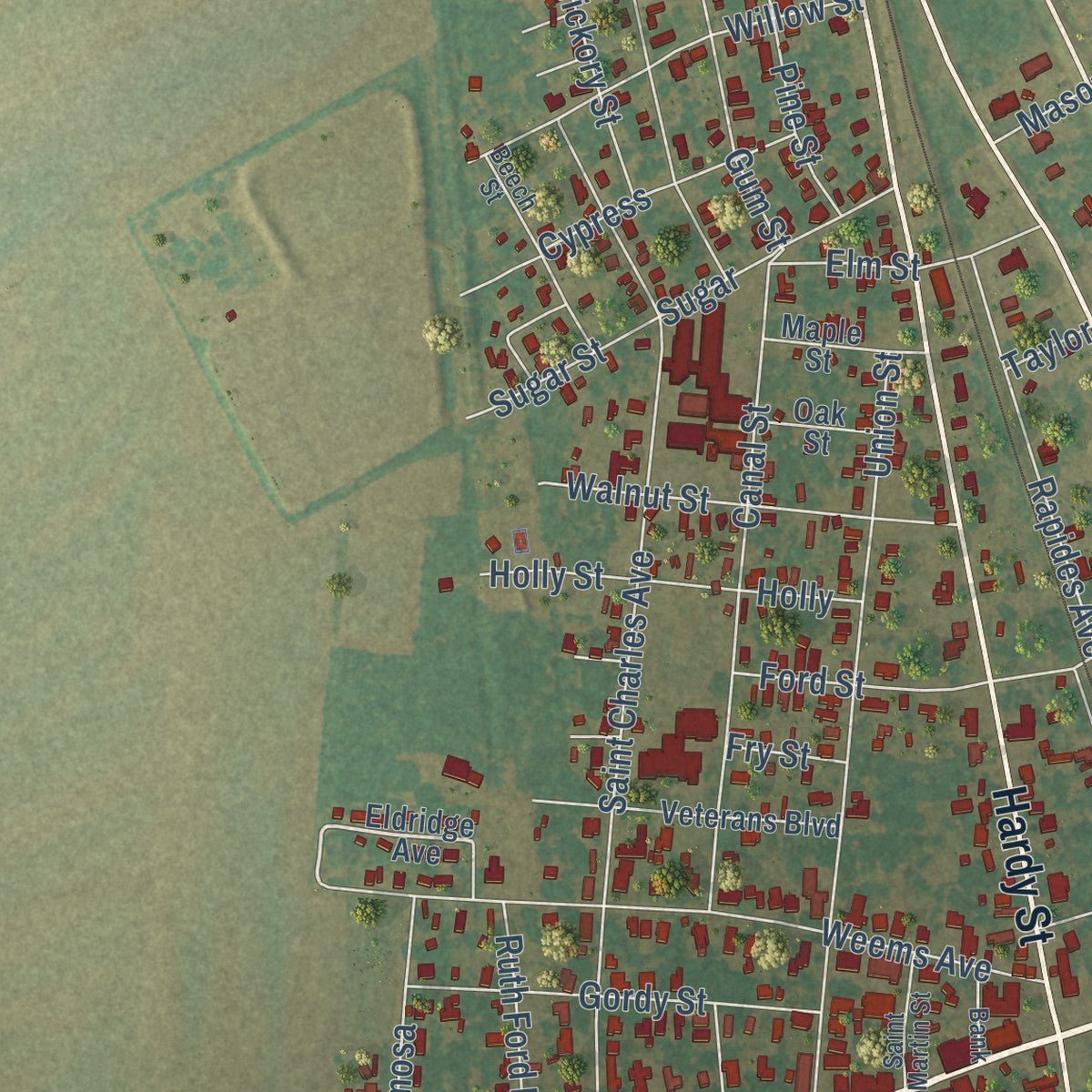 Close-up of the map of Lecompte, Louisiana print showing street and building detail