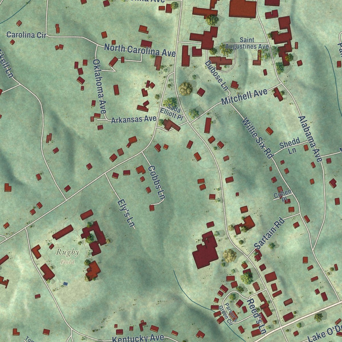 Close-up of the map of Sewanee, Tennessee print showing street and building detail