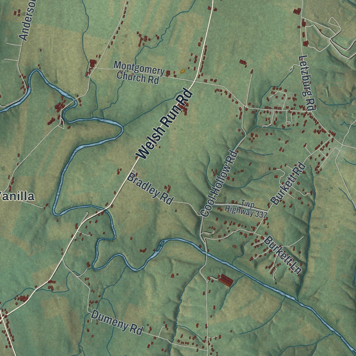 Close-up of the map of Montgomery, Franklin County, Pennsylvania print showing street and building detail
