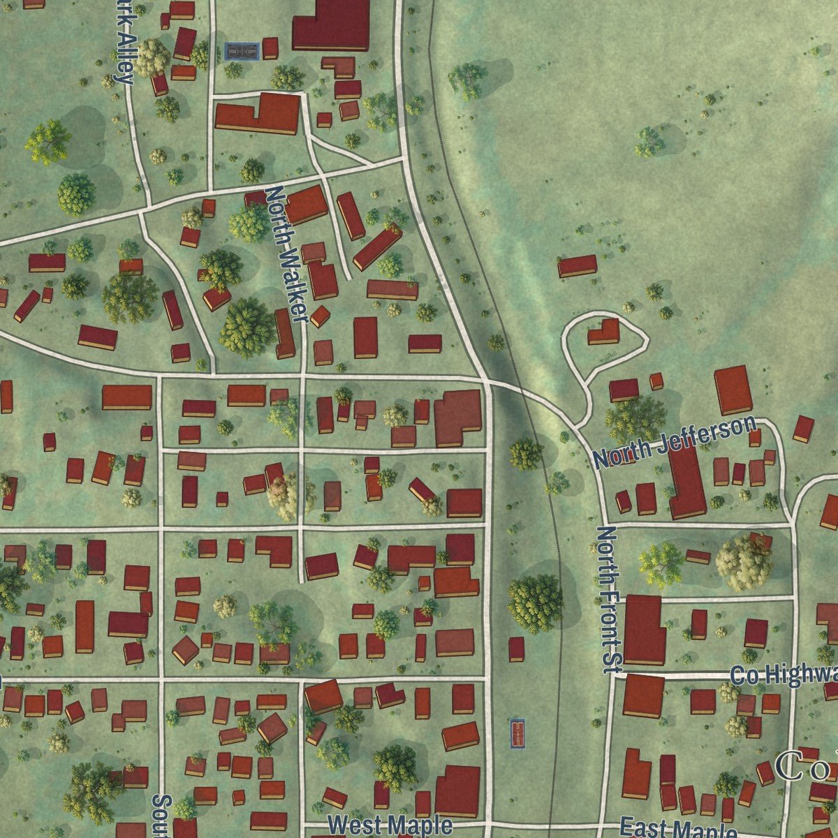 Close-up of the map of Cobden, Illinois print showing street and building detail