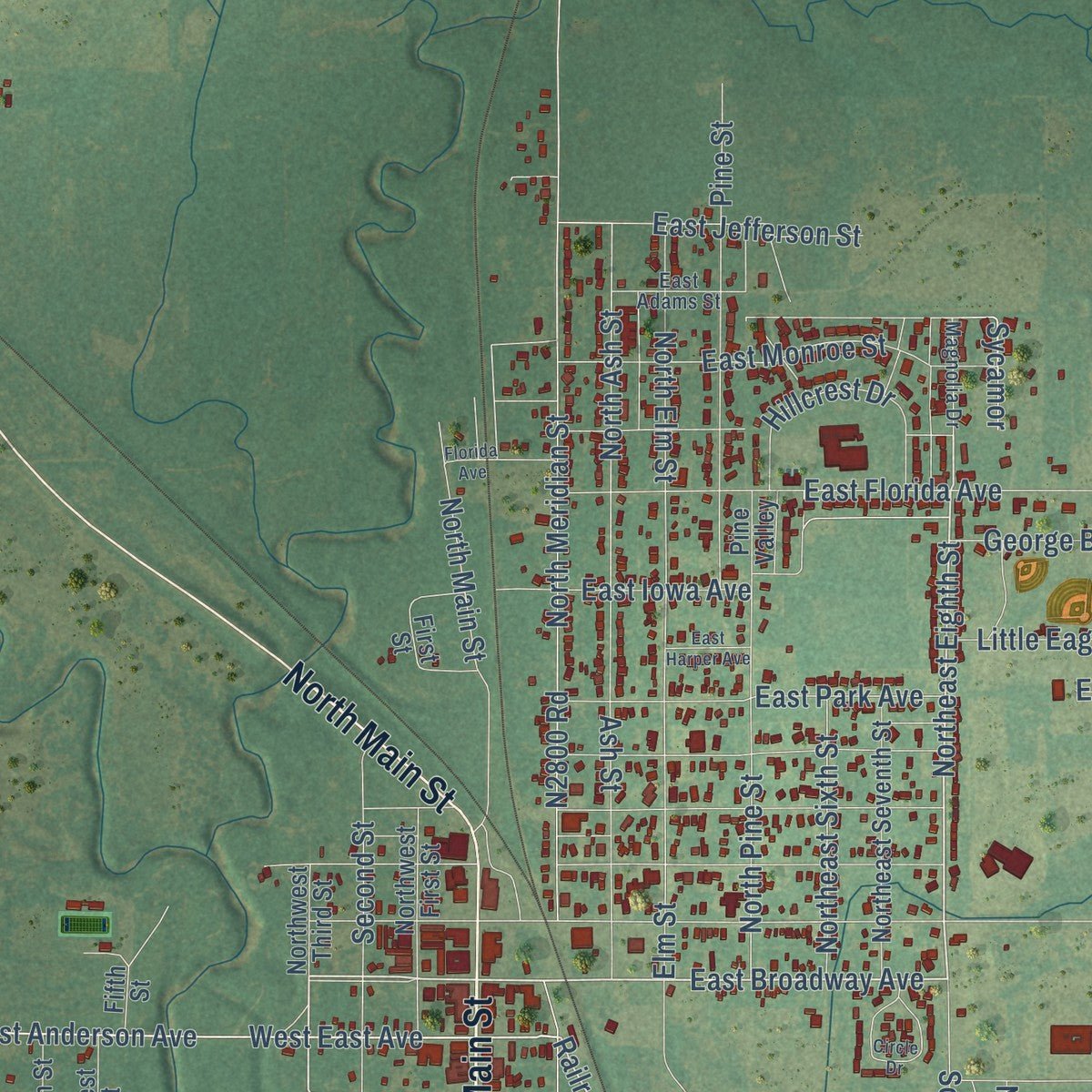 Close-up of the map of Waurika, Oklahoma print showing street and building detail