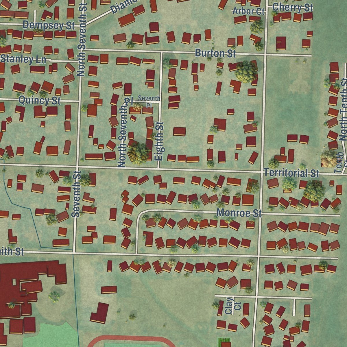 Close-up of the map of Harrisburg, Oregon print showing street and building detail
