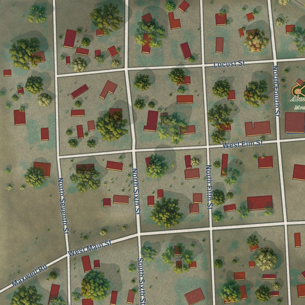 Close-up of the map of Almira, Washington print showing street and building detail