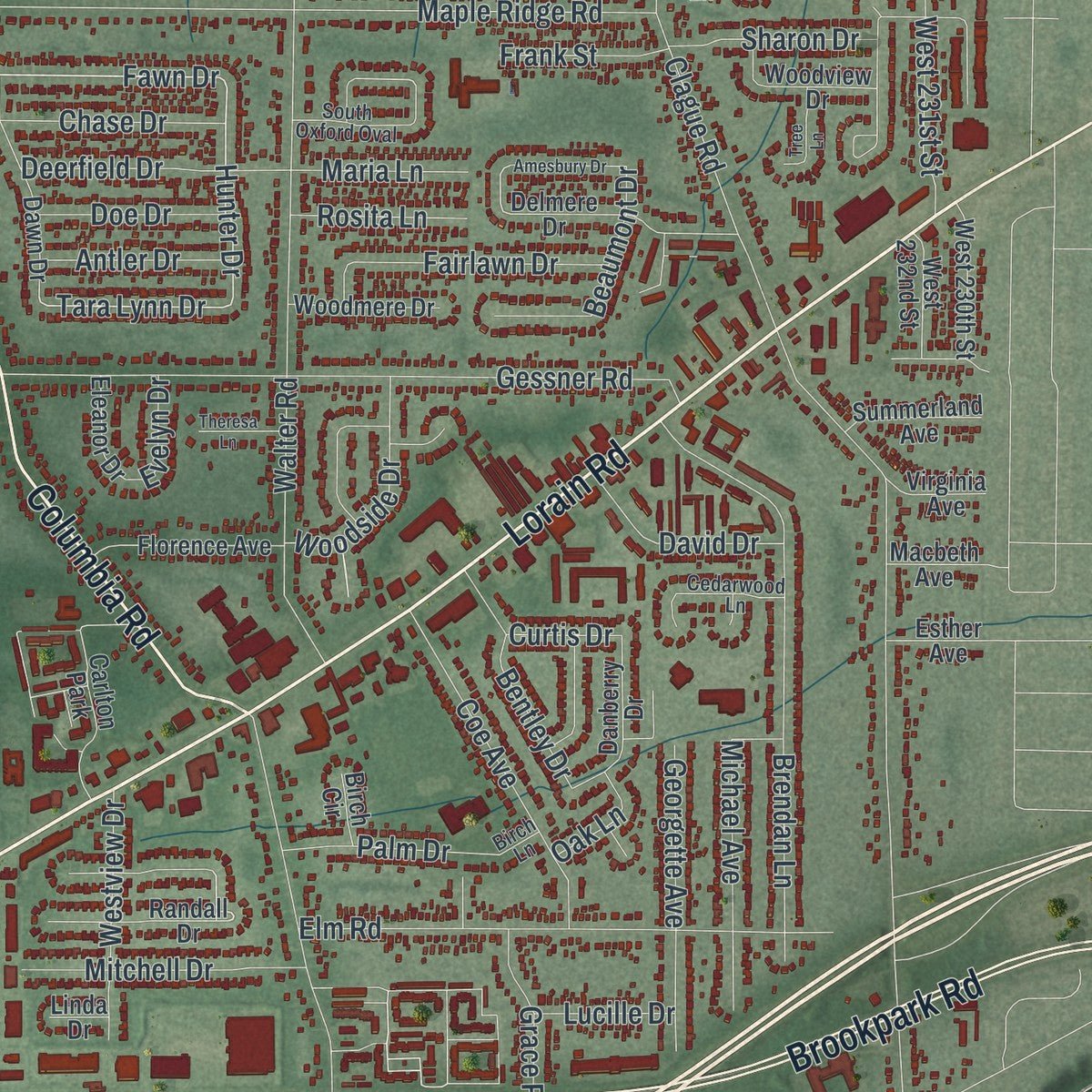Close-up of the map of North Olmsted, Ohio print showing street and building detail