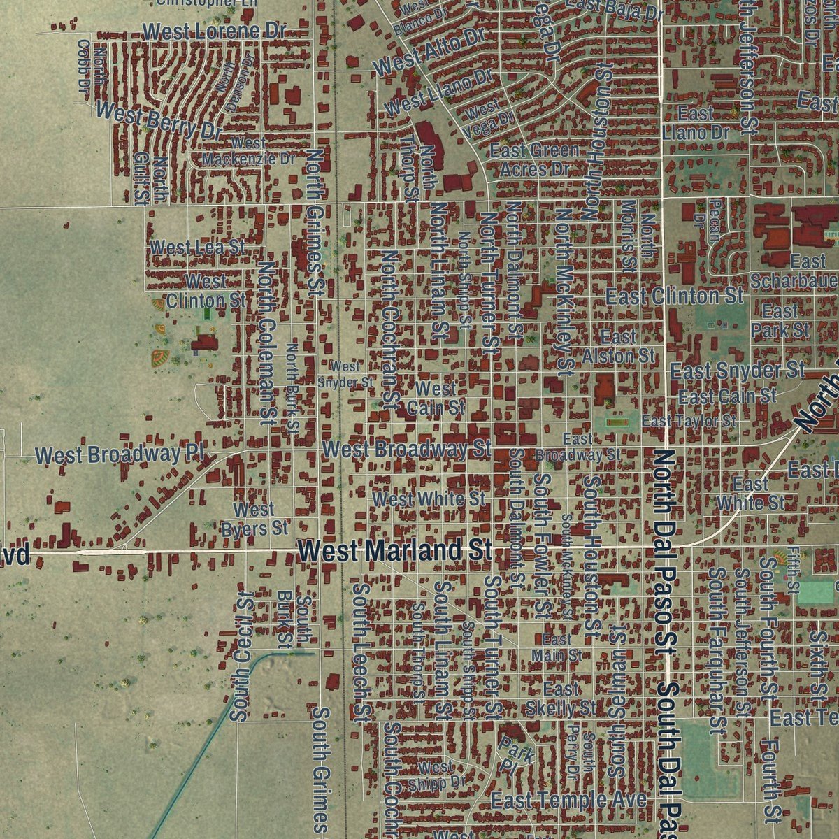 Close-up of the map of Hobbs, New Mexico print showing street and building detail