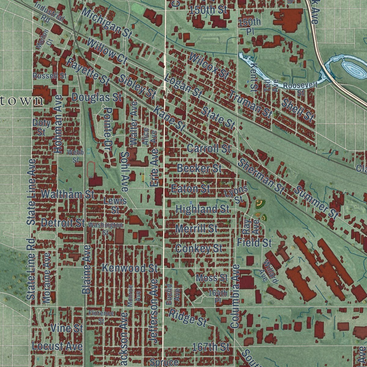 Close-up of the map of Hammond, Indiana print showing street and building detail